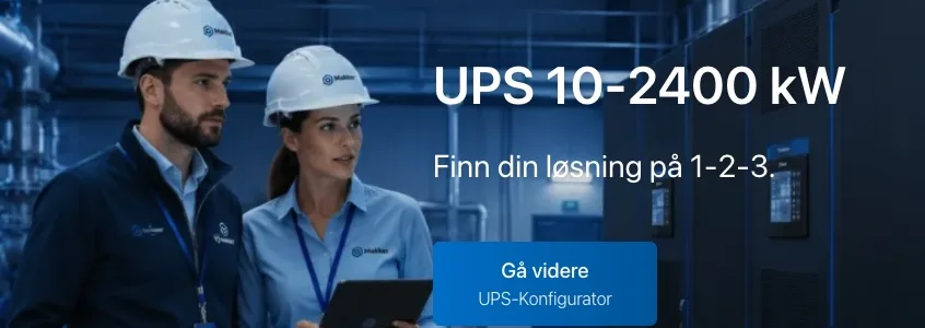 Makker’s UPS configurator: two engineers in a data centre beside UPS cabinets, headed “UPS 10–2400 kW”